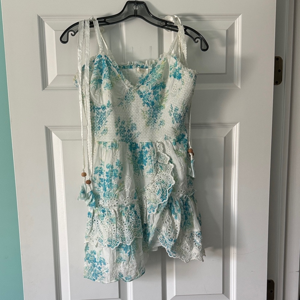 LoveShackFancy turquoise & green floral eyelet smocked dress size large